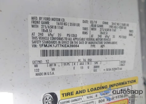 2019 Ford Expedition Max Xlt from USA, damaged, VIN 1FMJK1JT7KEA39084